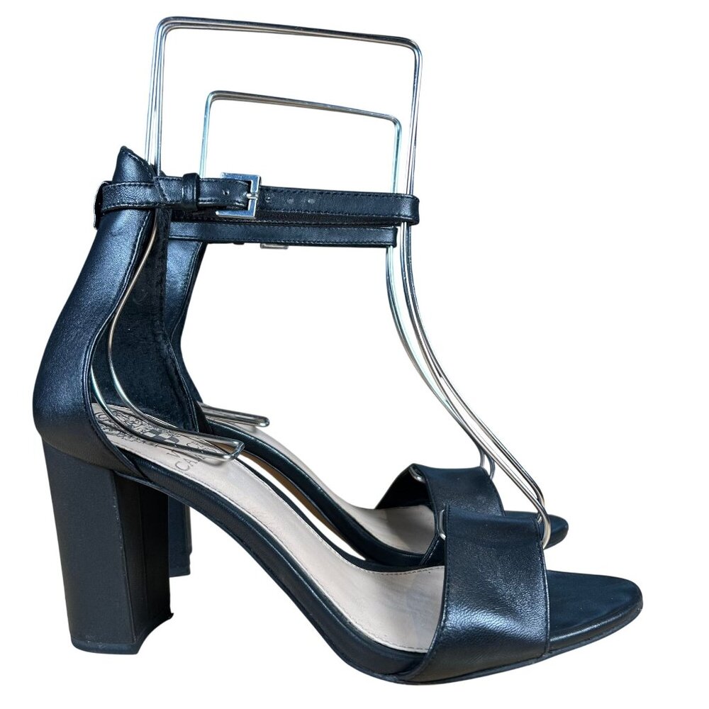 Vince Camuto Black Leather Ankle Strap Block Heel Sandals